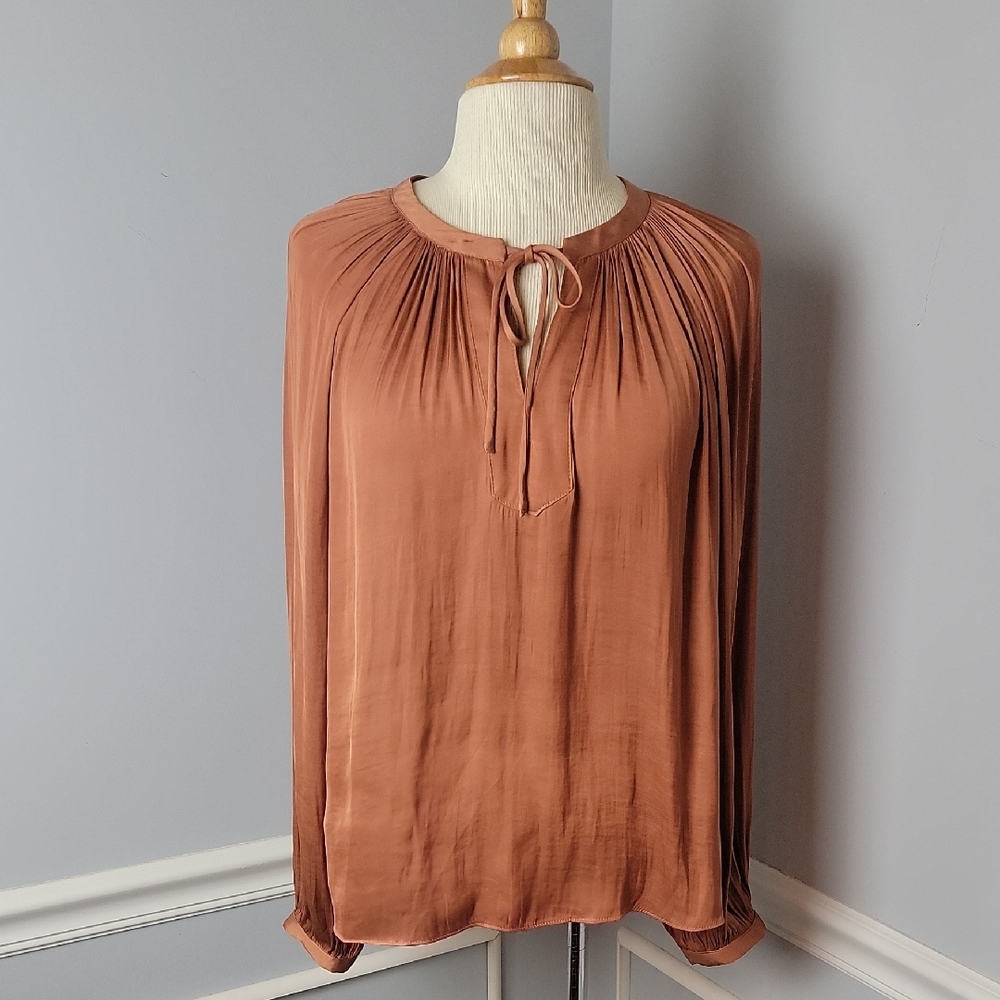 KNOTTY St Michaels Rust Silky Satin Boho Drapey Ruched Oversized Keyhole Blouse